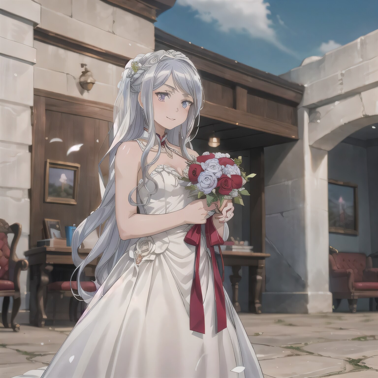 銀髪ロングでウェディングドレスの少女１４ | の人気AIイラスト・グラビア