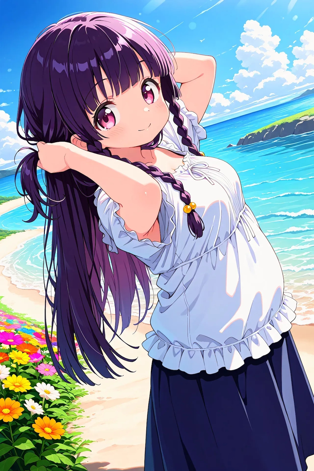 ゆうこちゃんが髪を束ねる