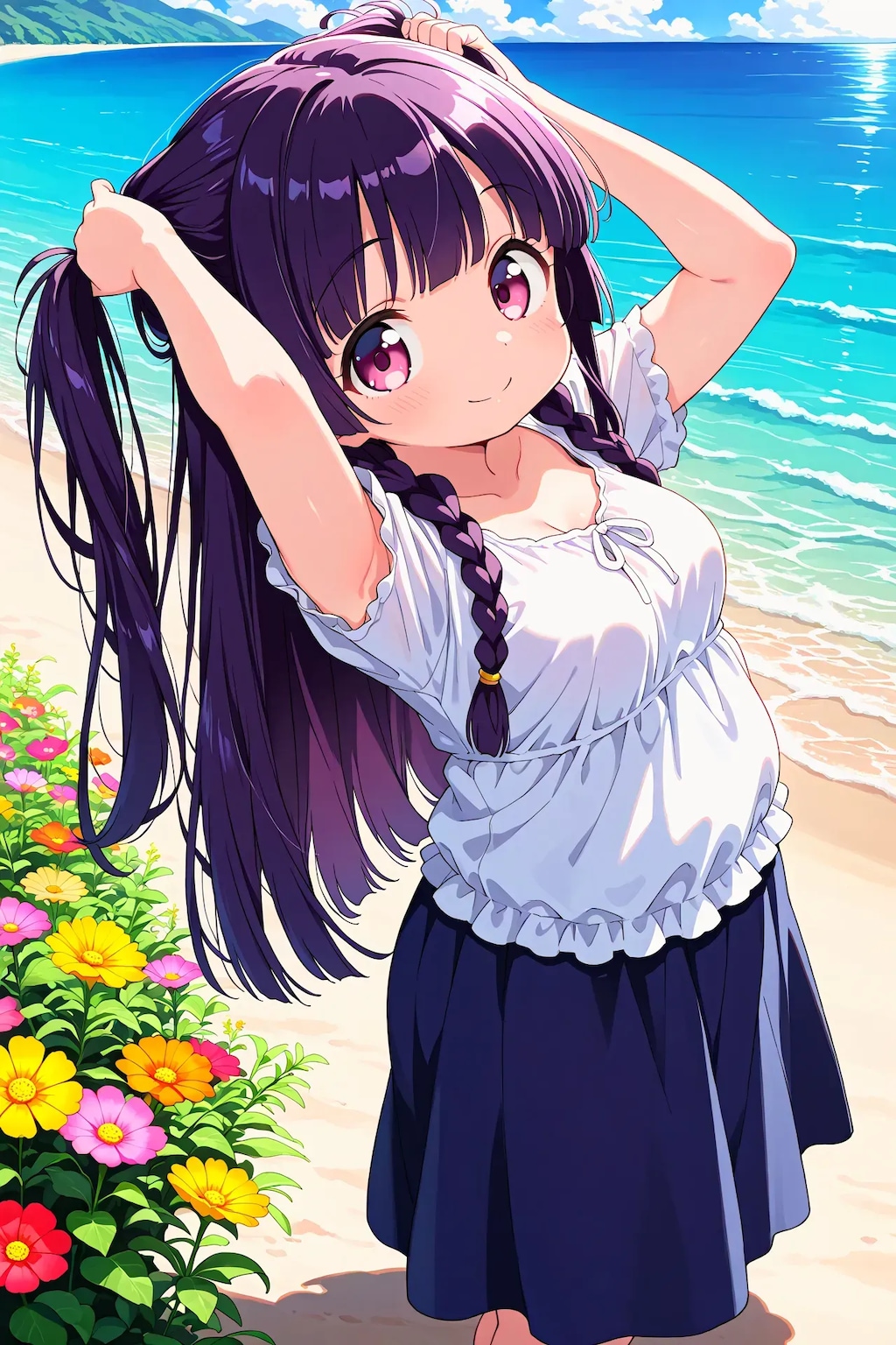 ゆうこちゃんが髪を束ねる