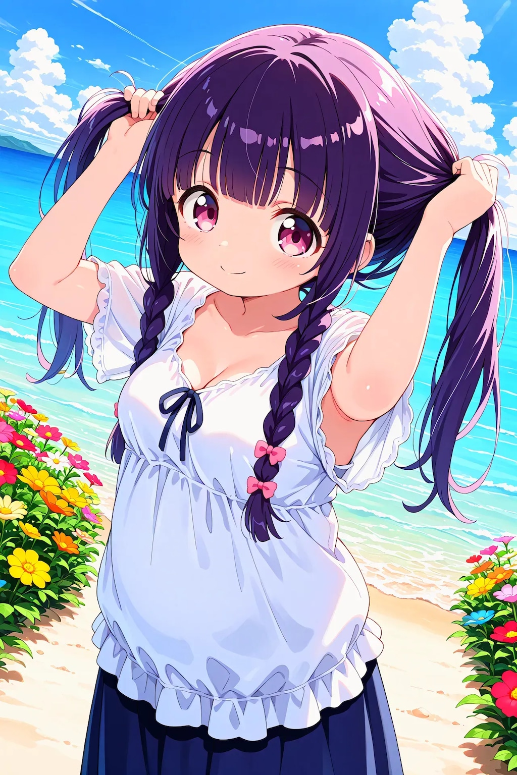 ゆうこちゃんが髪を束ねる