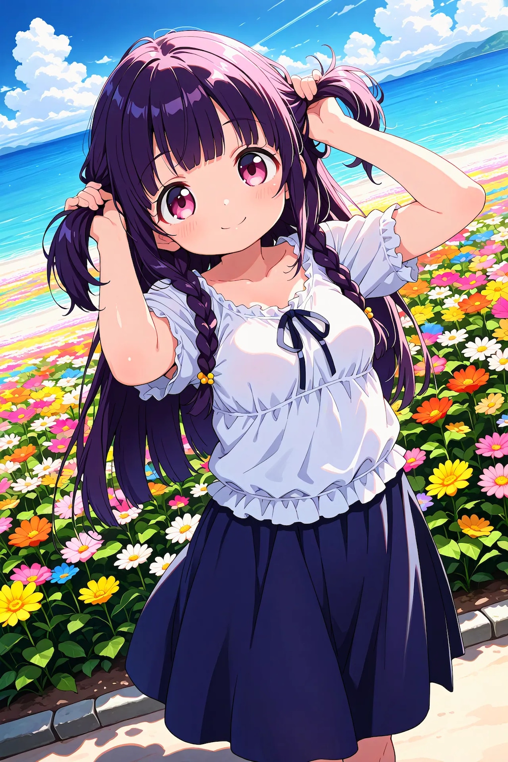 ゆうこちゃんが髪を束ねる
