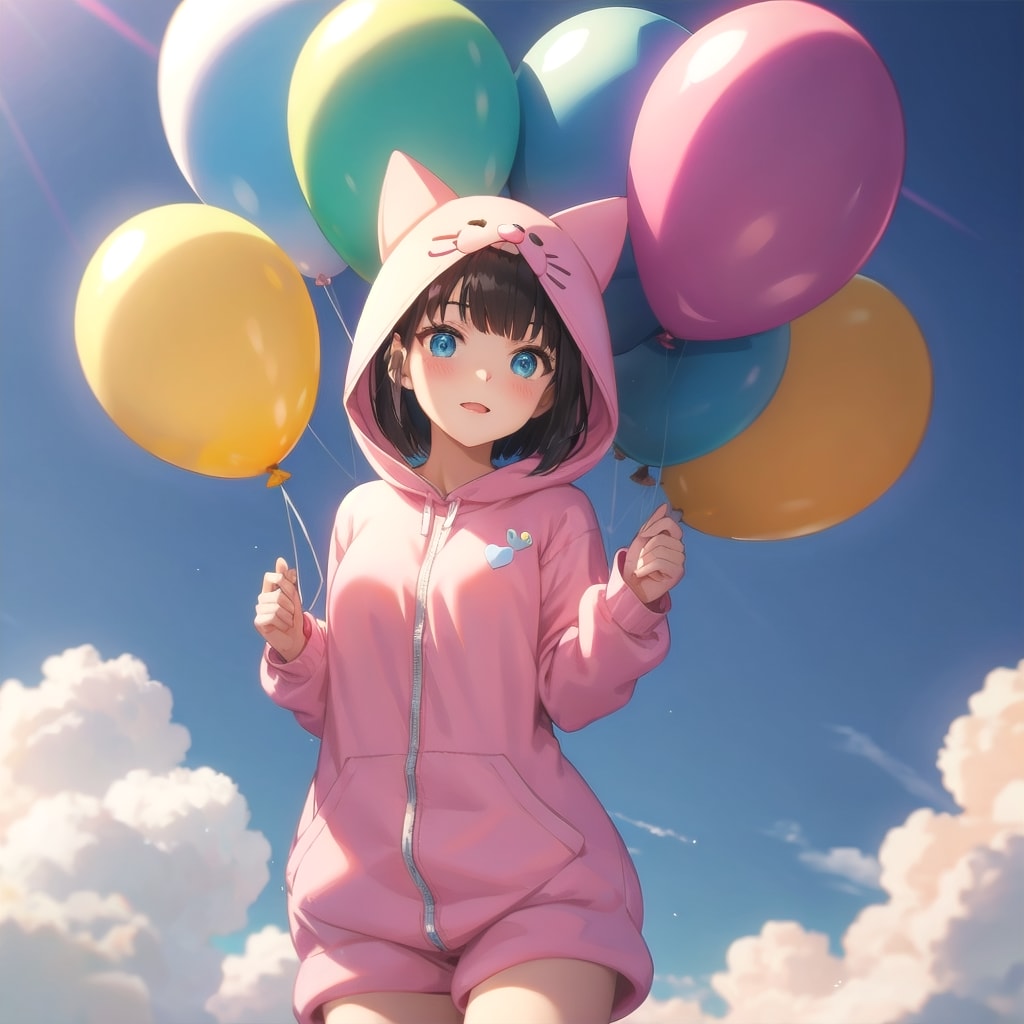 いっぱい色とりどり風船を持つショートカットの猫の着ぐるみ着た美少女 | の人気AIイラスト・グラビア