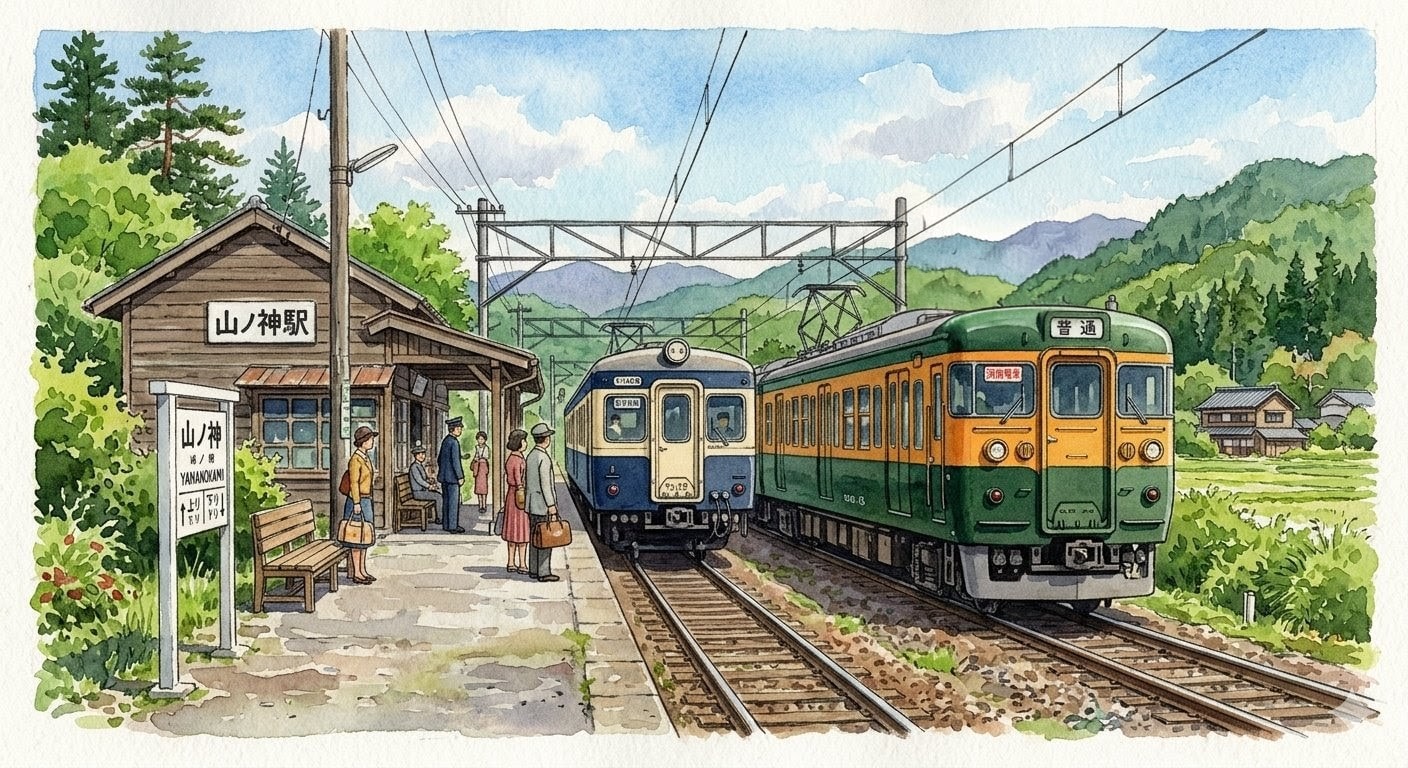 山ノ神駅（下り列車待ち合わせのため30分停車します。）