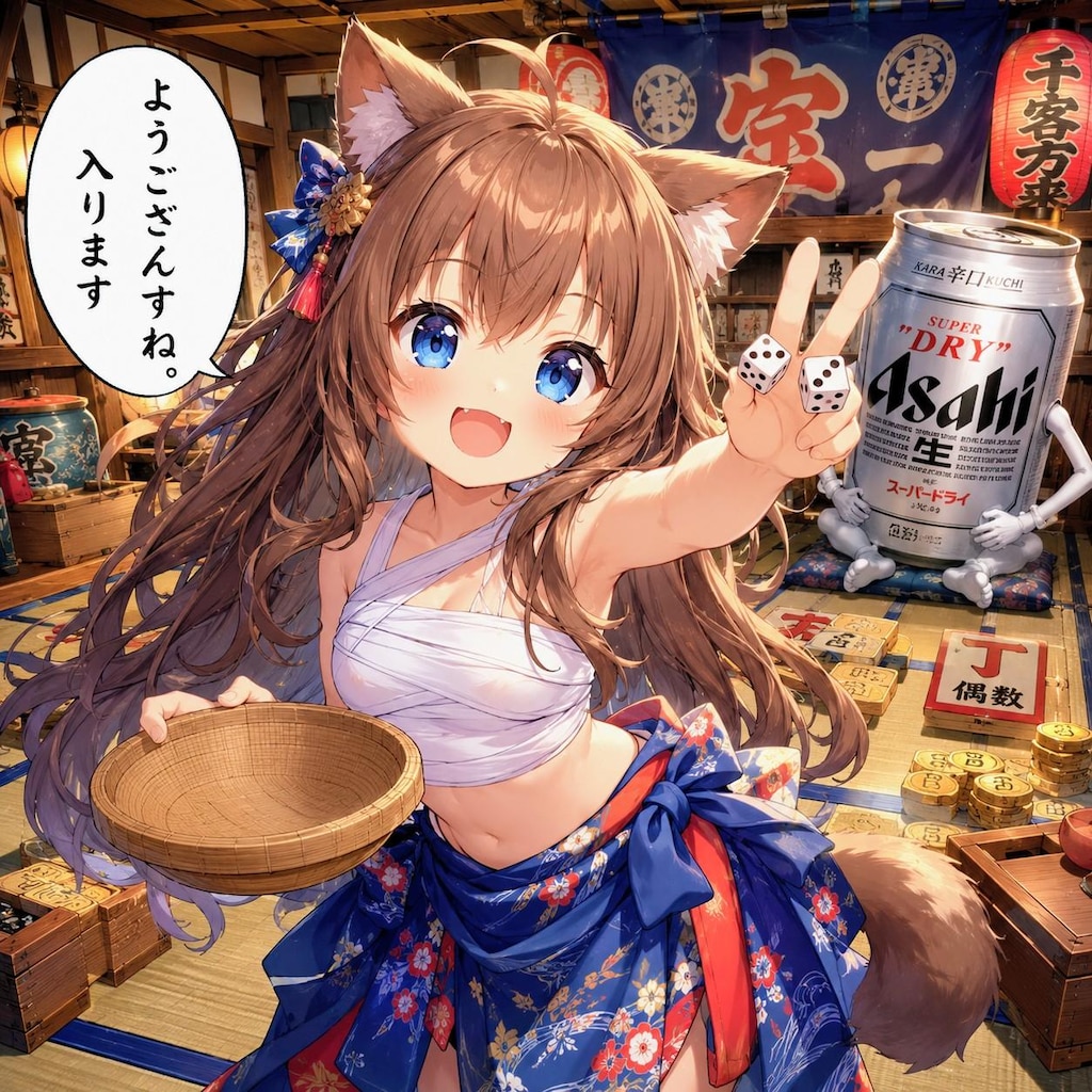 鉄火場で壺振りをする小さな女の子
