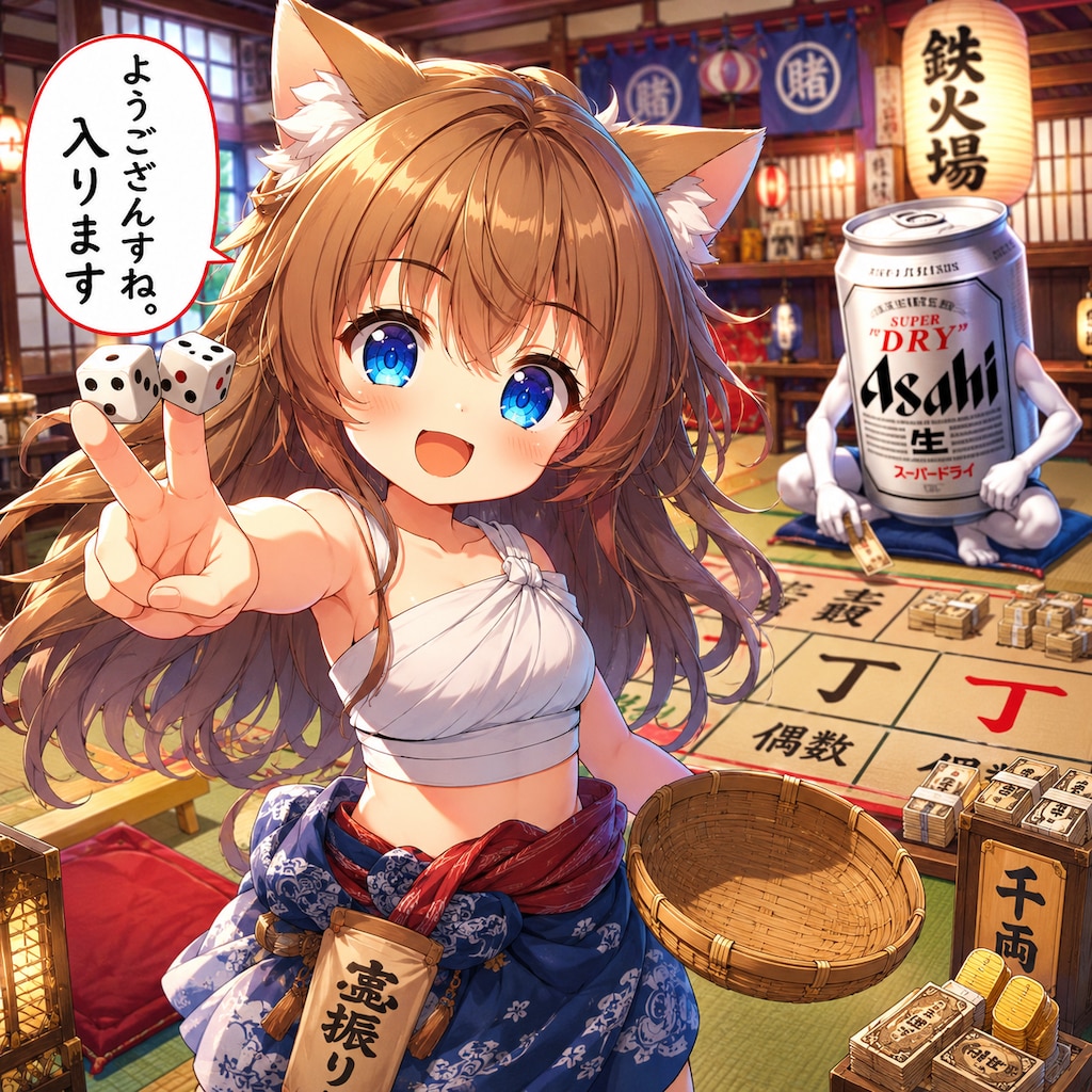 鉄火場で壺振りをする小さな女の子