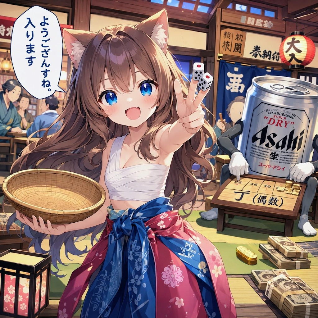 鉄火場で壺振りをする小さな女の子