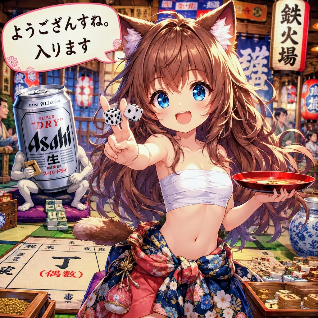 鉄火場で壺振りをする小さな女の子
