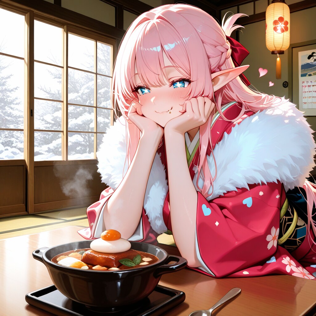 おしるこ？をたべるエルフの女の子
