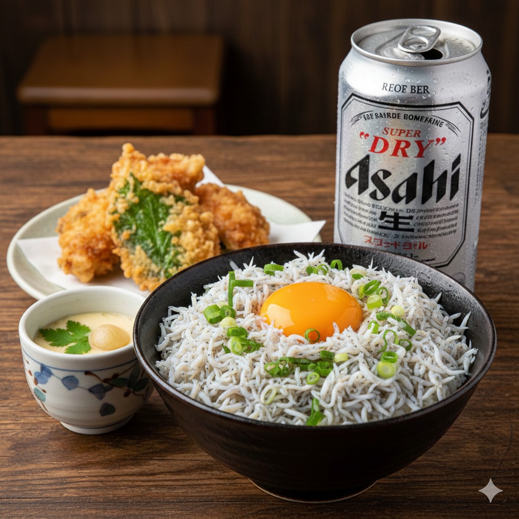 【晩飯】釜揚げしらす丼、大葉入り鶏天、茶碗蒸し、キンキンのやつ