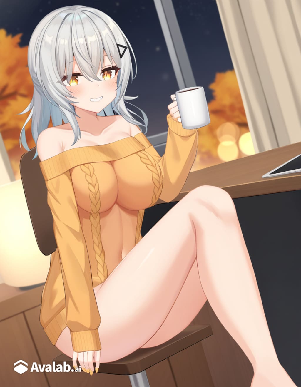 セーターを着てコーヒーを飲むフェイリアさん