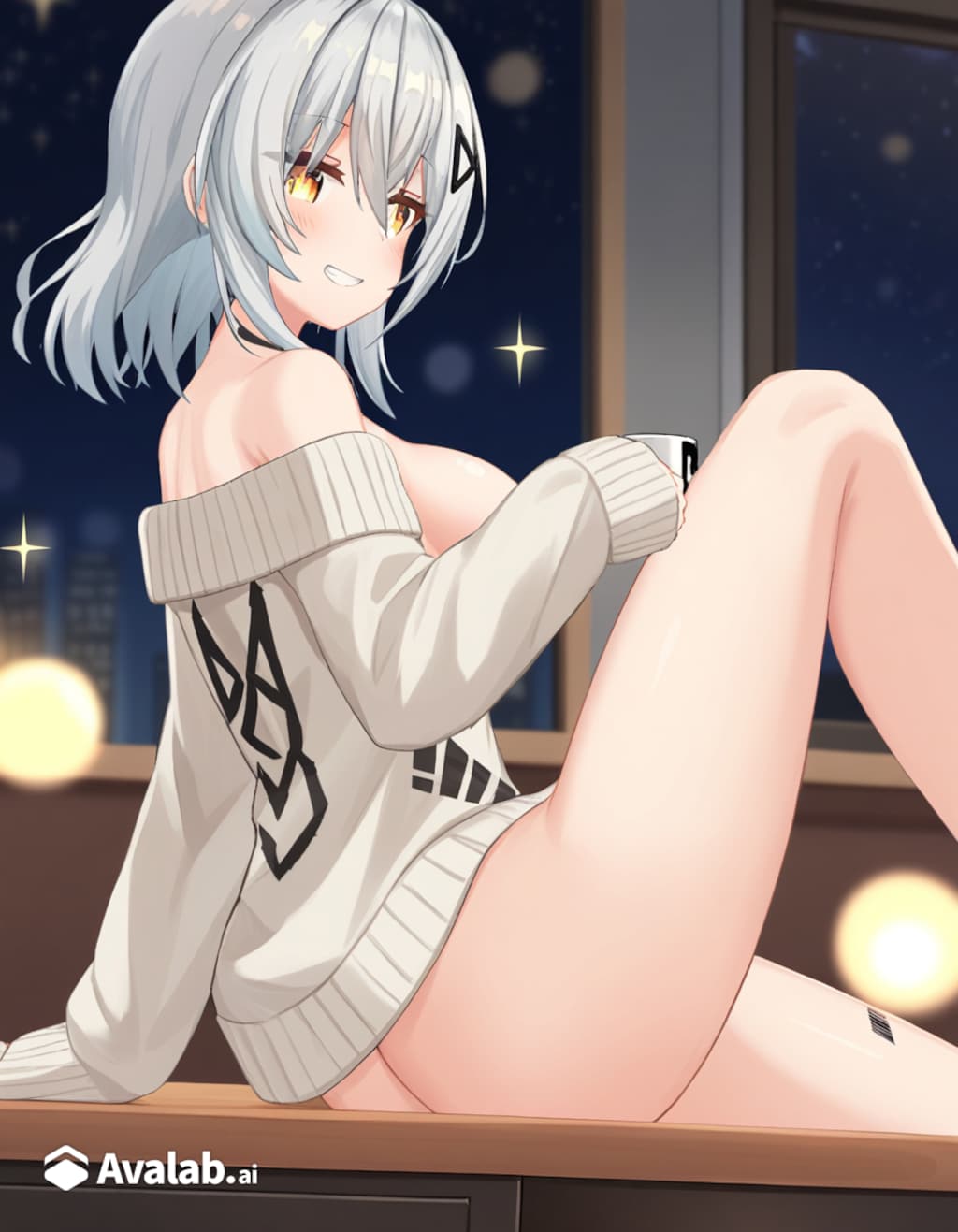 セーターを着てコーヒーを飲むフェイリアさん