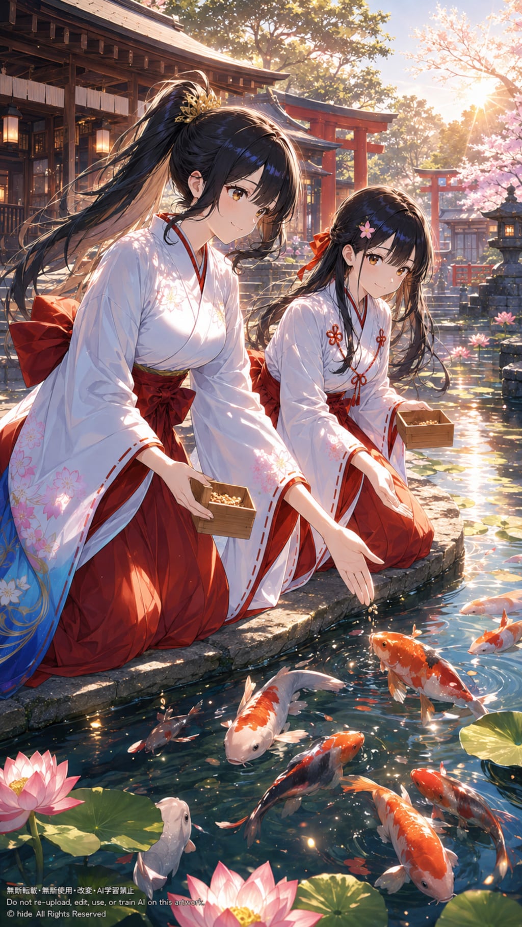 朝の神社、鯉たちと一緒に