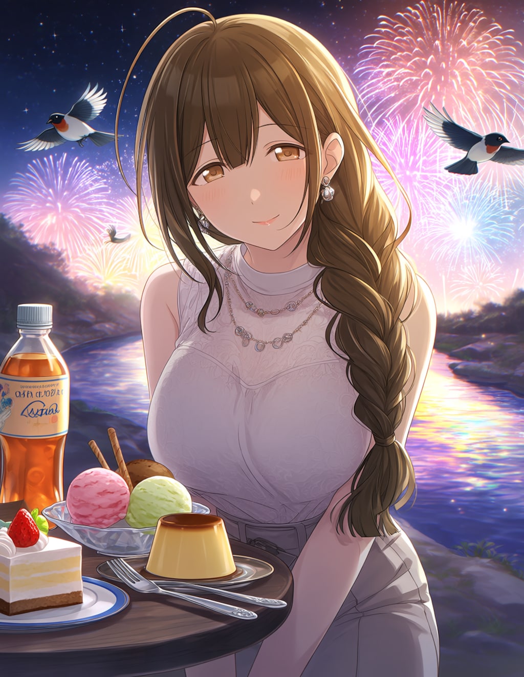 ノースリーブの千雪さんと川辺の花火(PixAI版)
