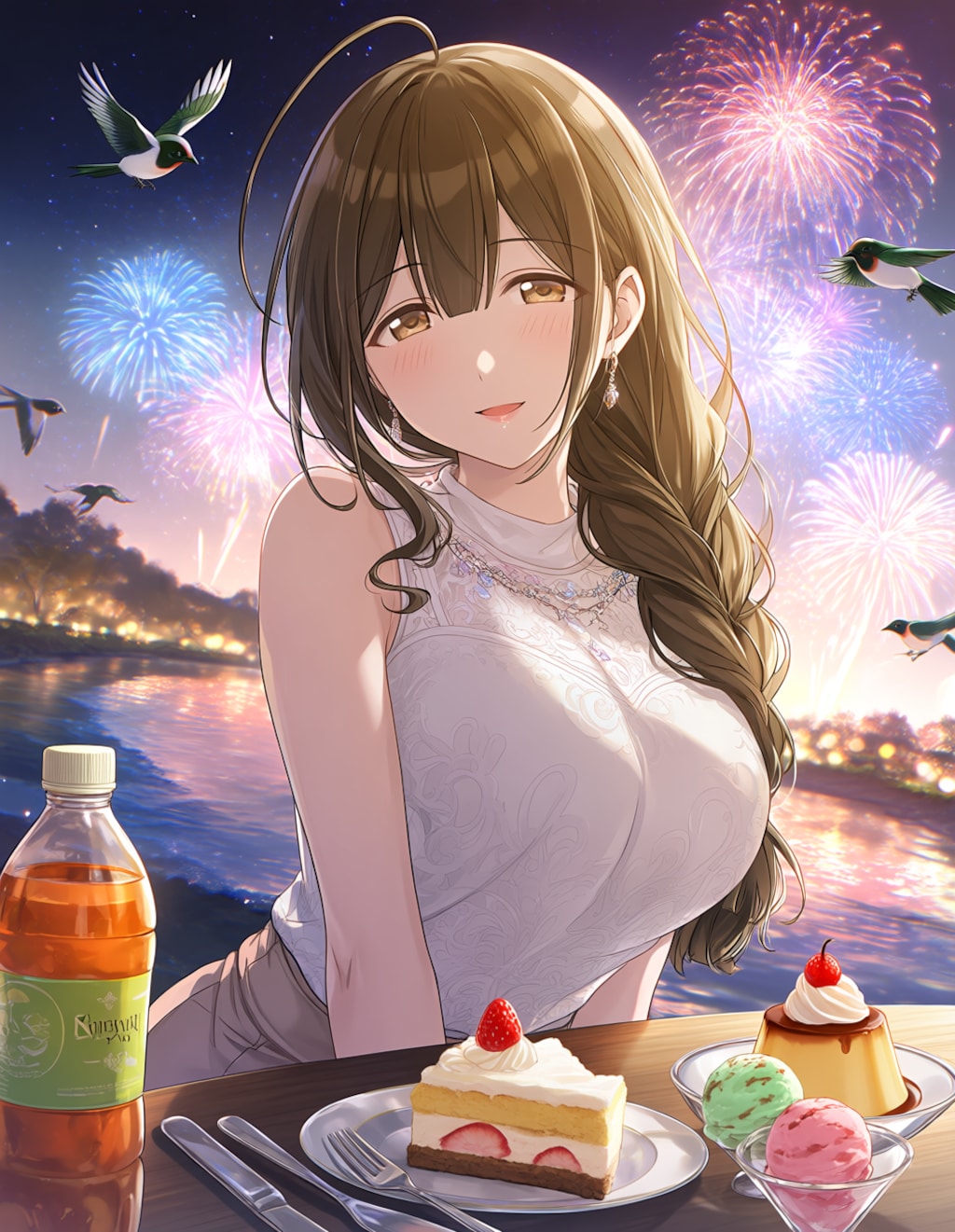 ノースリーブの千雪さんと川辺の花火(PixAI版)