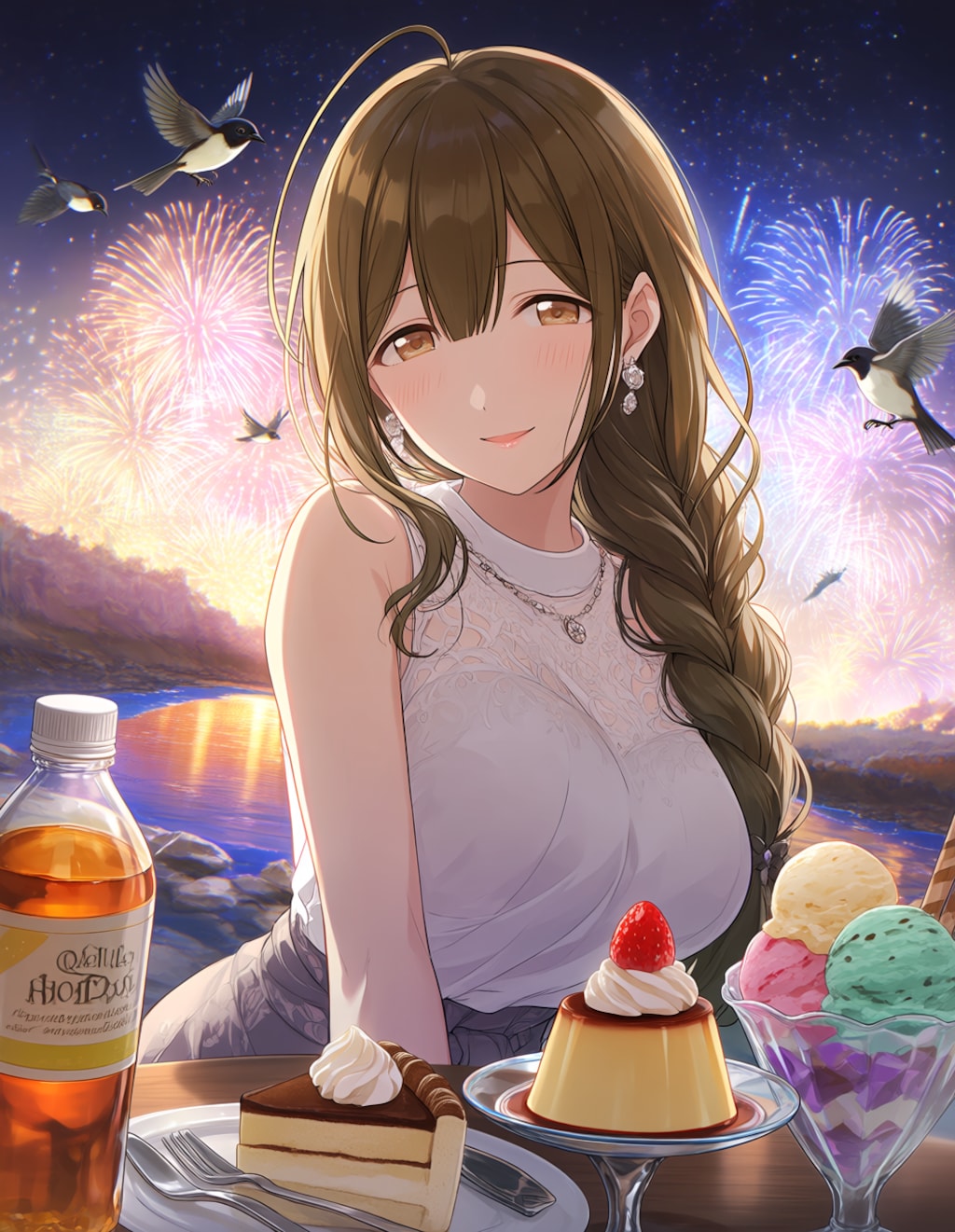 ノースリーブの千雪さんと川辺の花火(PixAI版)