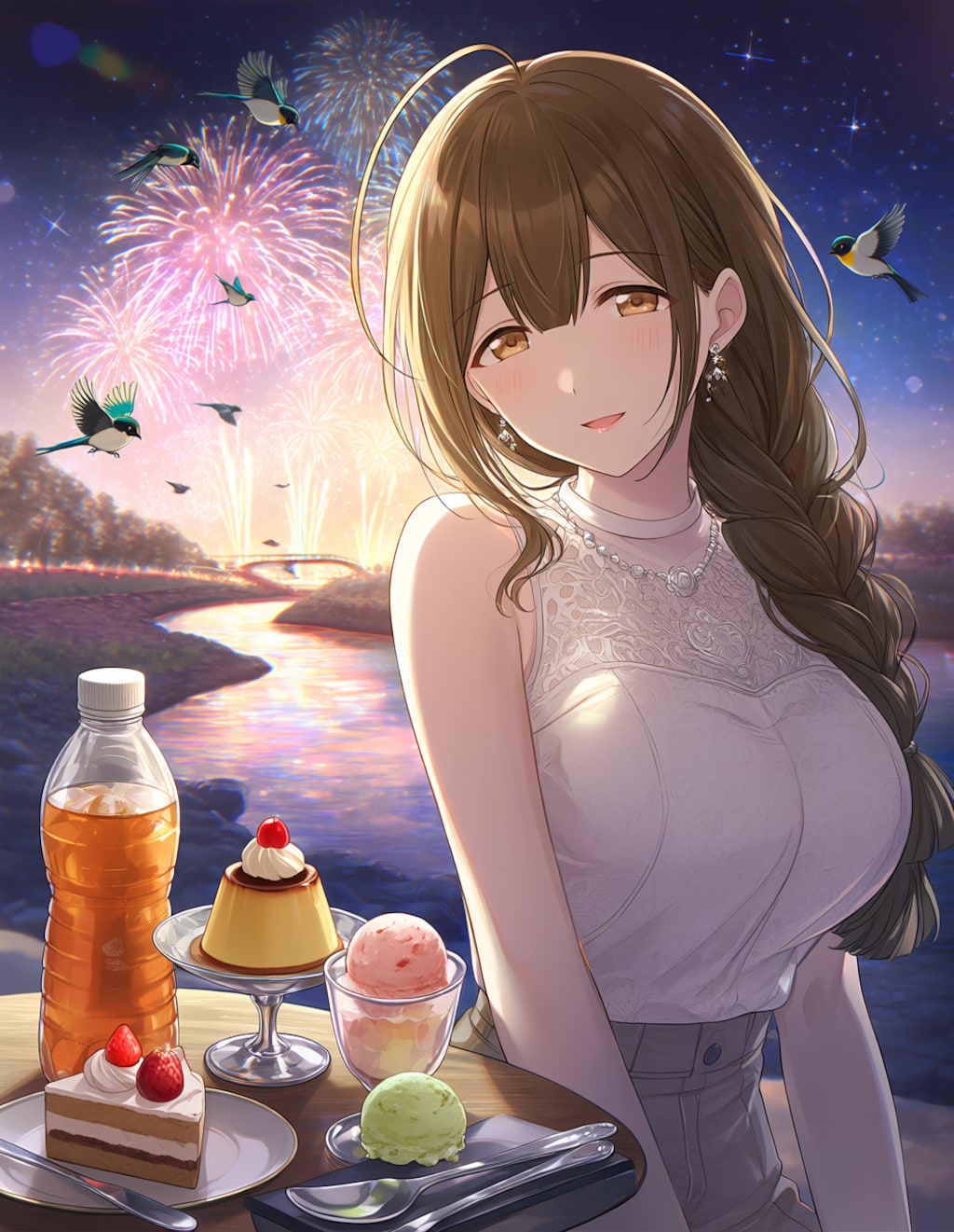 ノースリーブの千雪さんと川辺の花火(PixAI版)