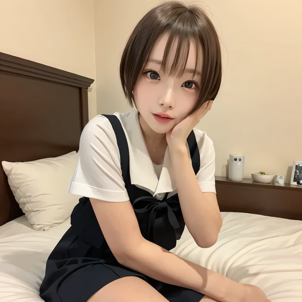 黒髪ボブで寝室の美女５