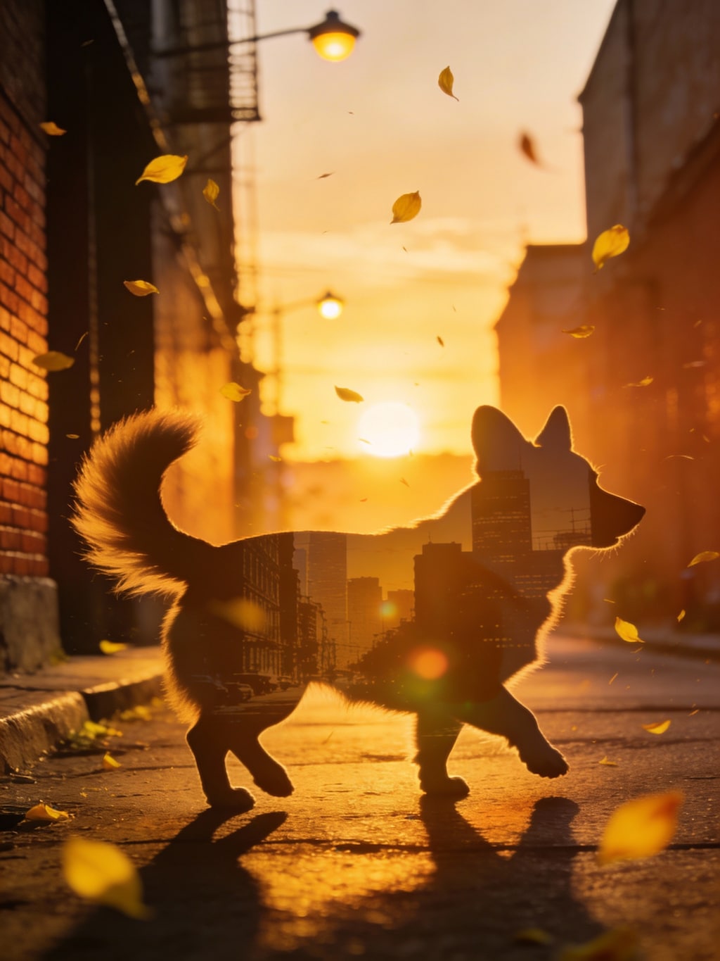 コギたん、夕日の街に消えていく