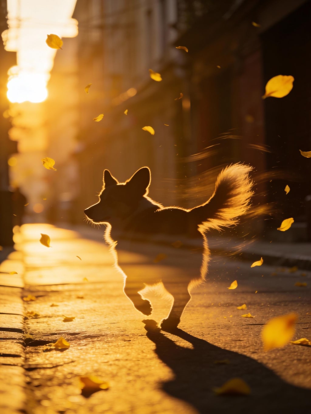 コギたん、夕日の街に消えていく