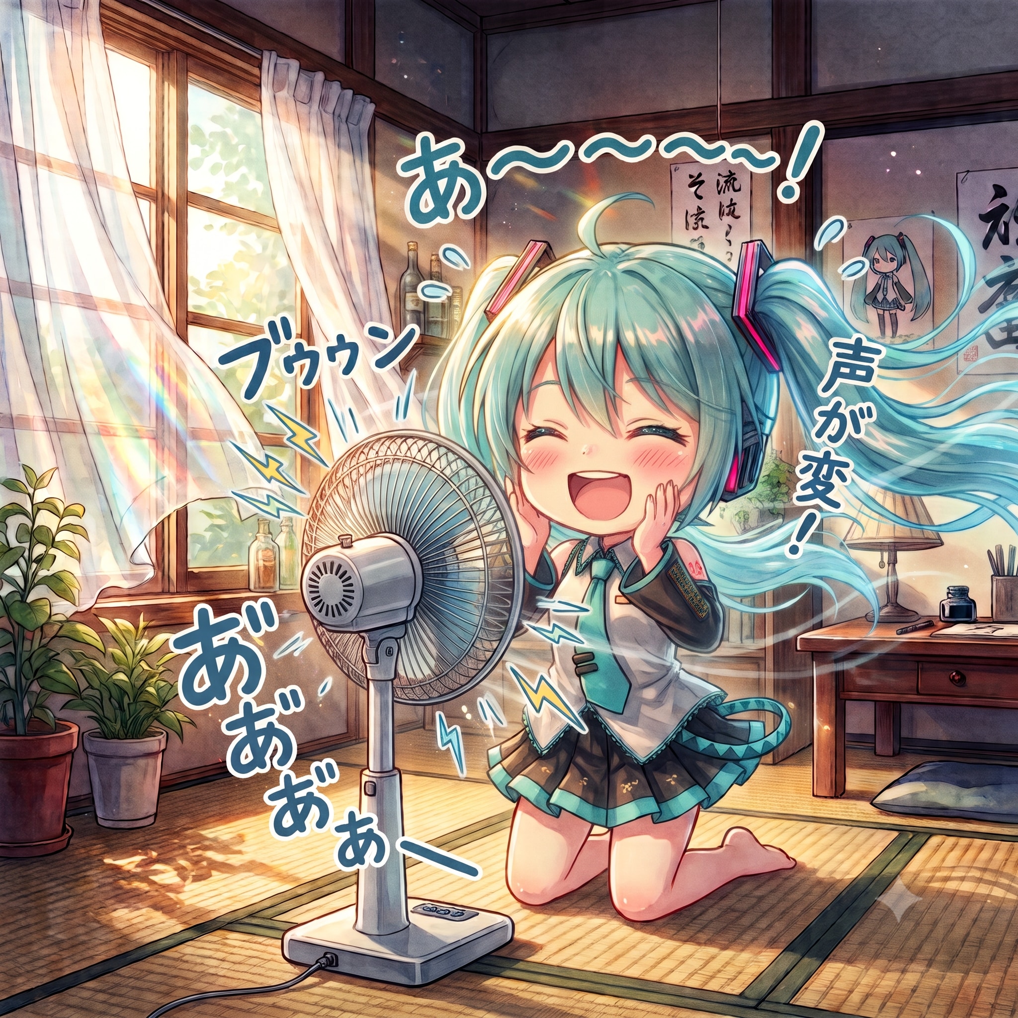 扇風機で遊ぶミクちゃん