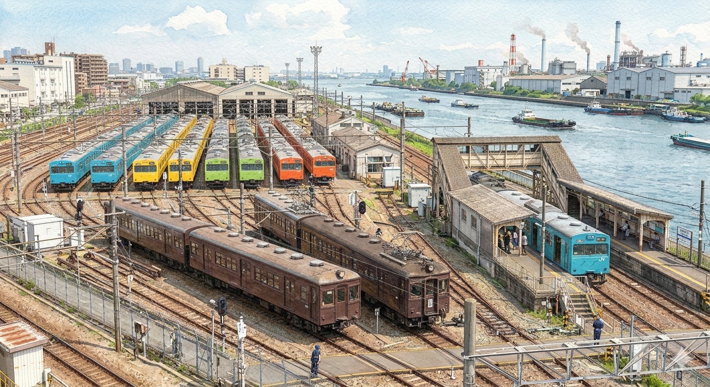運河のそばの国電電車基地 | の人気AIイラスト・グラビア