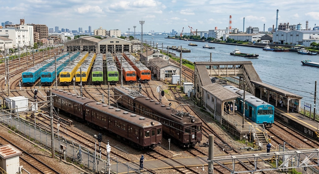 運河のそばの国電電車基地