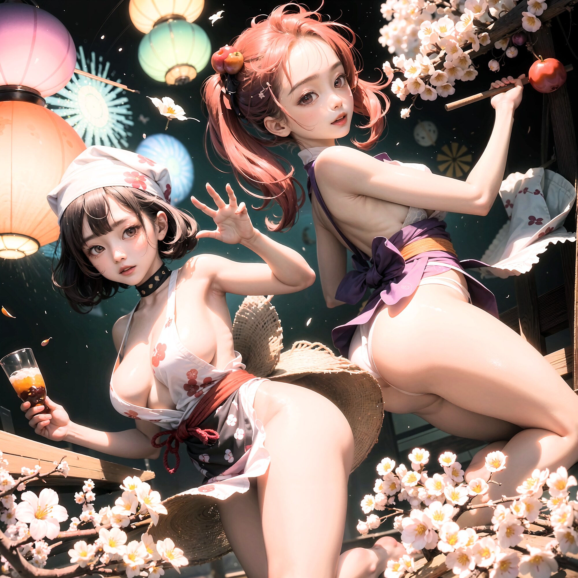 梅の花と幻想的なお祭り