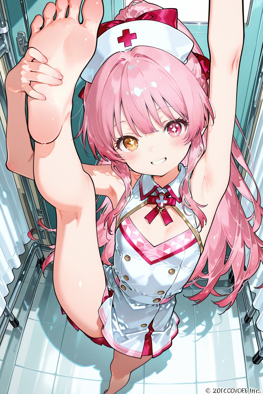 チアナース衣装で立ち開脚する守巫女ちゃん