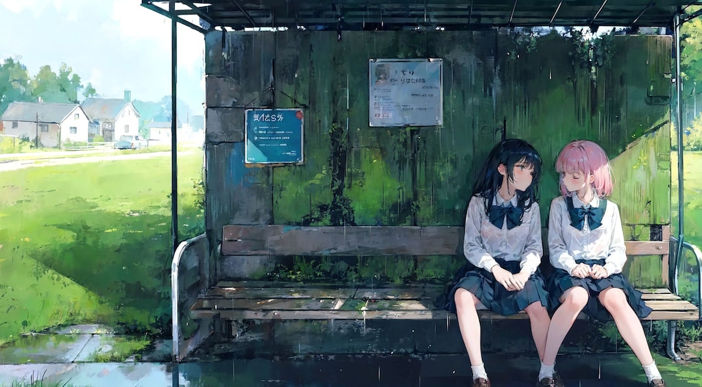 濡れたベンチに座るふたり