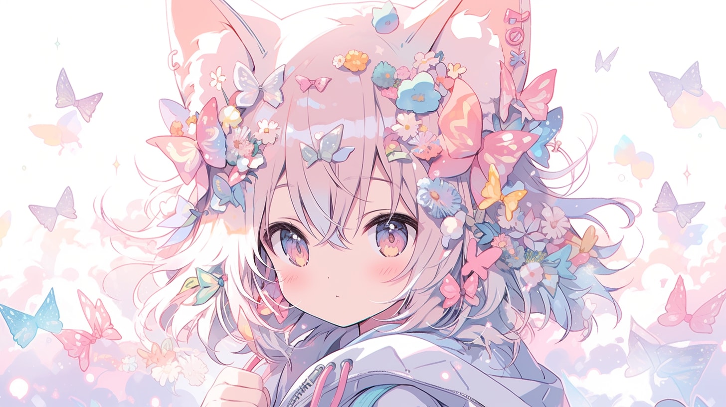 花冠の猫耳少女と蝶の舞 | の人気AIイラスト・グラビア