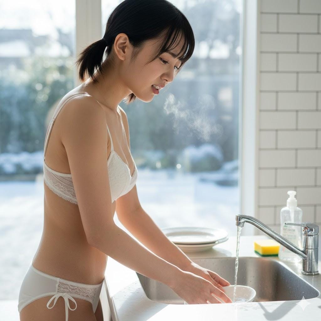 下着で食器洗い
