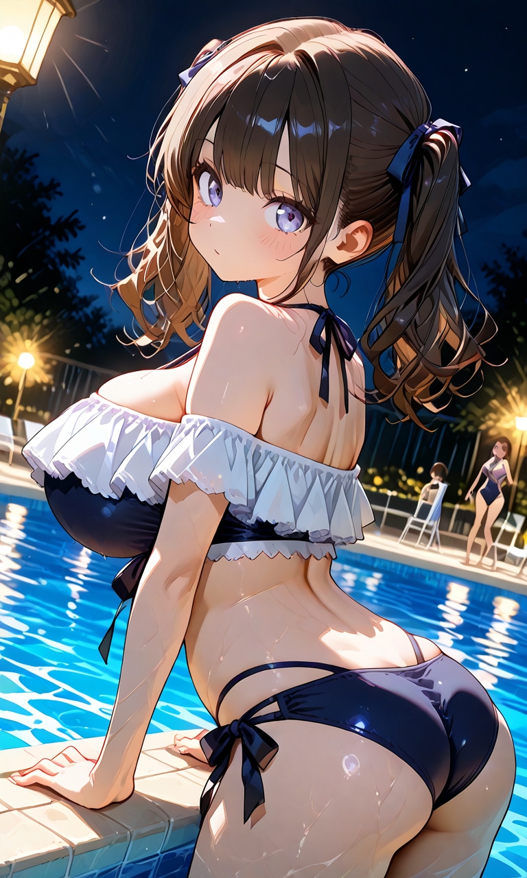 夜のプールで