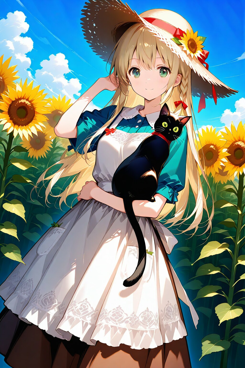 夏の太陽とひまわりと美少女、そして黒猫 | の人気AIイラスト・グラビア