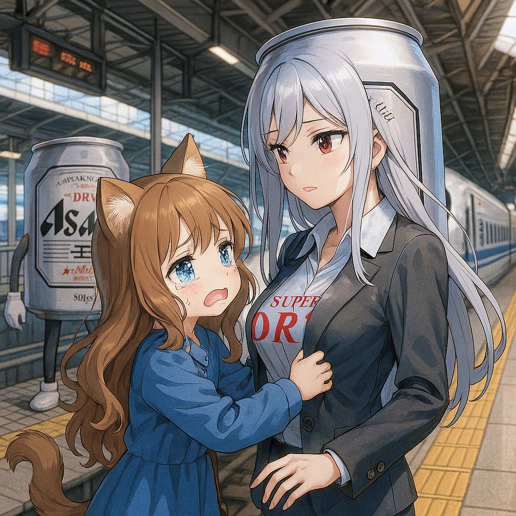 擬人化ビール缶と別れを悲しむ小さな女の子