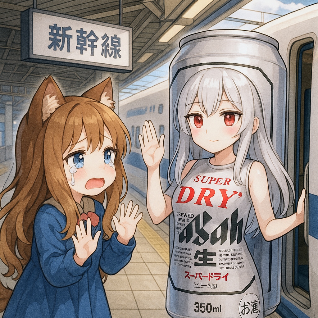 擬人化ビール缶と別れを悲しむ小さな女の子