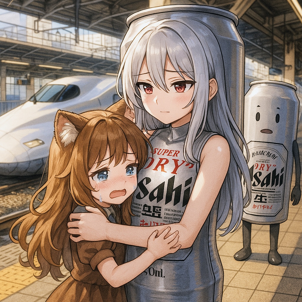 擬人化ビール缶と別れを悲しむ小さな女の子
