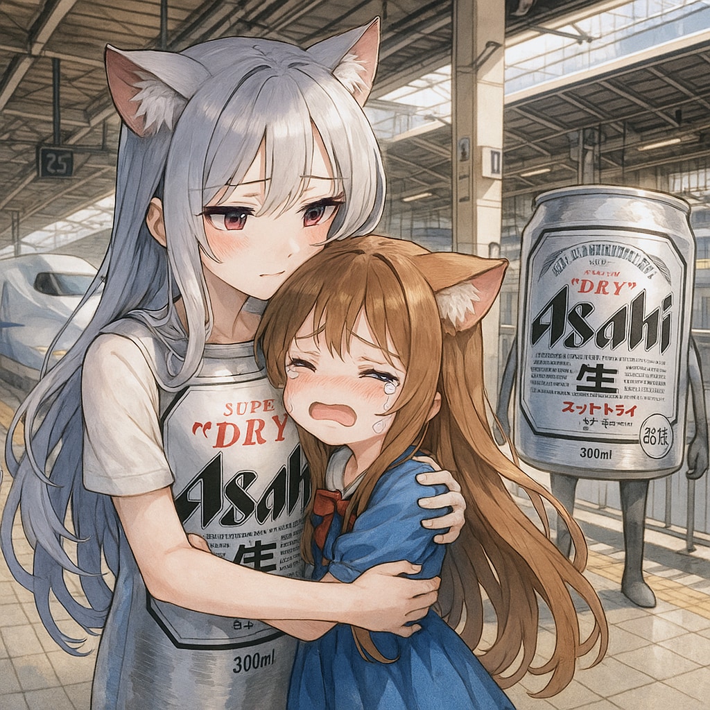 擬人化ビール缶と別れを悲しむ小さな女の子
