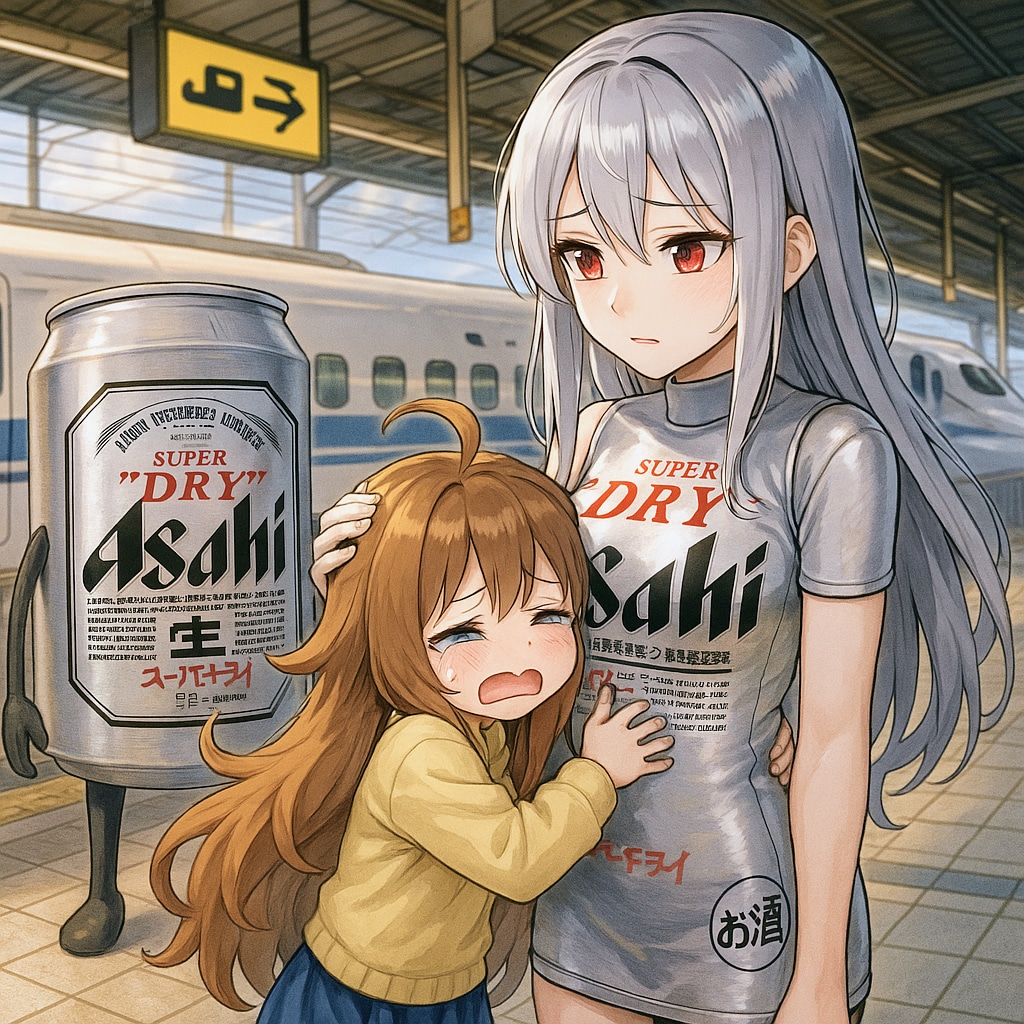擬人化ビール缶と別れを悲しむ小さな女の子