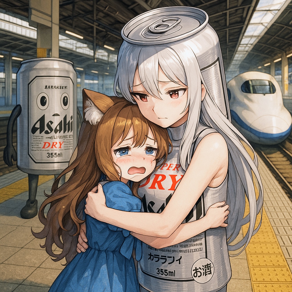 擬人化ビール缶と別れを悲しむ小さな女の子