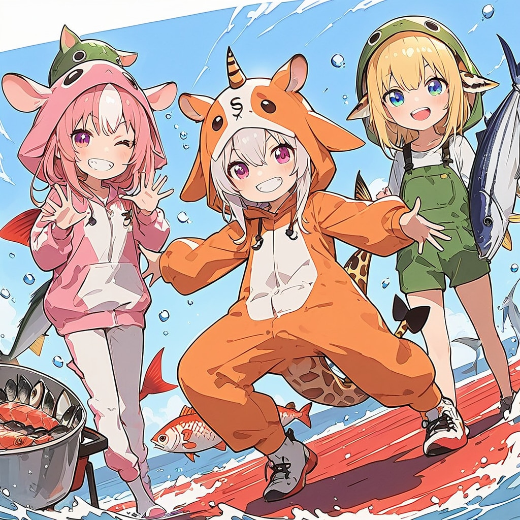 秋の海の幸とキリン着ぐるみちび子ちゃん