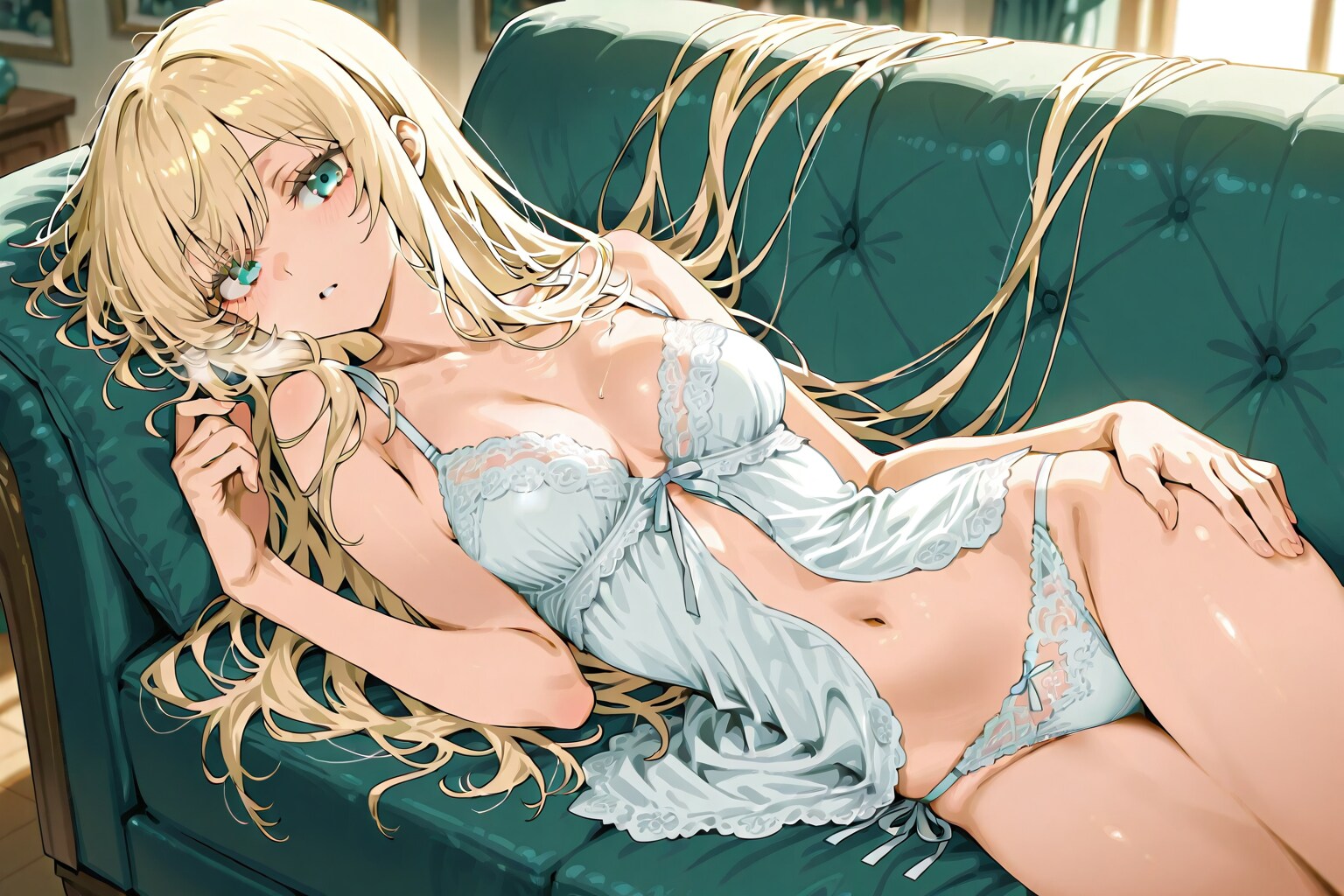 【習作】ソファーに寝そべる白レースランジェリー姿の美少女