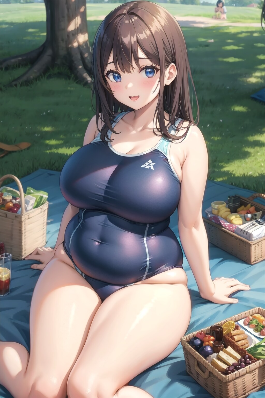 スクール水着姿で一人ピクニックをするぽっちゃり女子