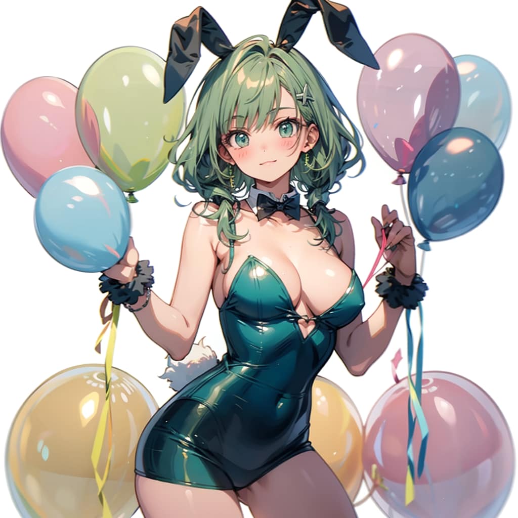 いっぱい風船を持つ緑髪ツインテールのバニーガール衣装着た美女 | の人気AIイラスト・グラビア
