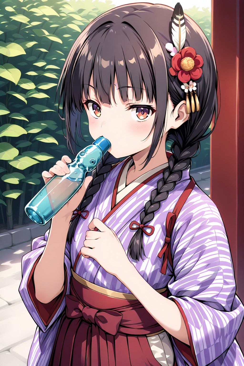 ラムネを飲む三つ編みの女の子