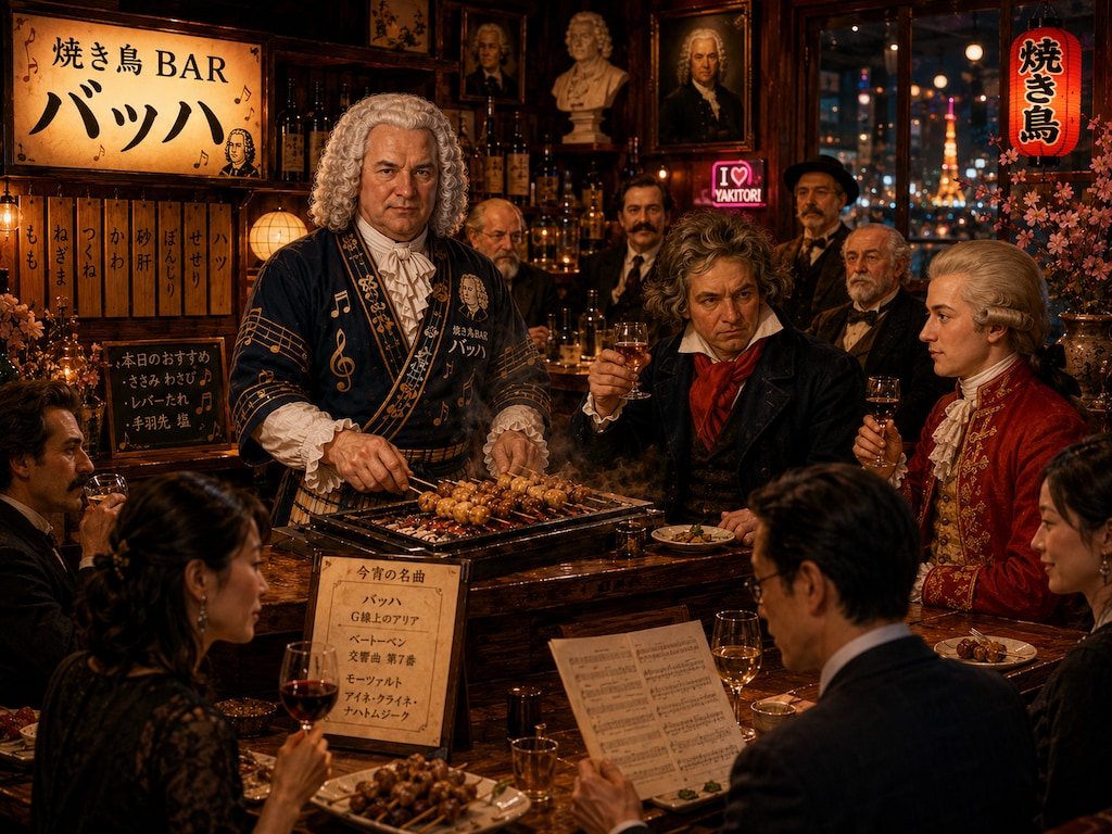 【Ze hebben ook een yakitori-restaurant, en hier is een toccata en fuga in D mineur, zoals die in ee】