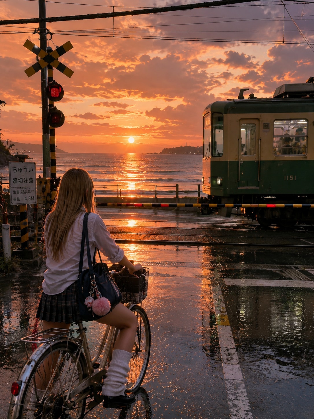 夕暮れの雨上がり踏切り