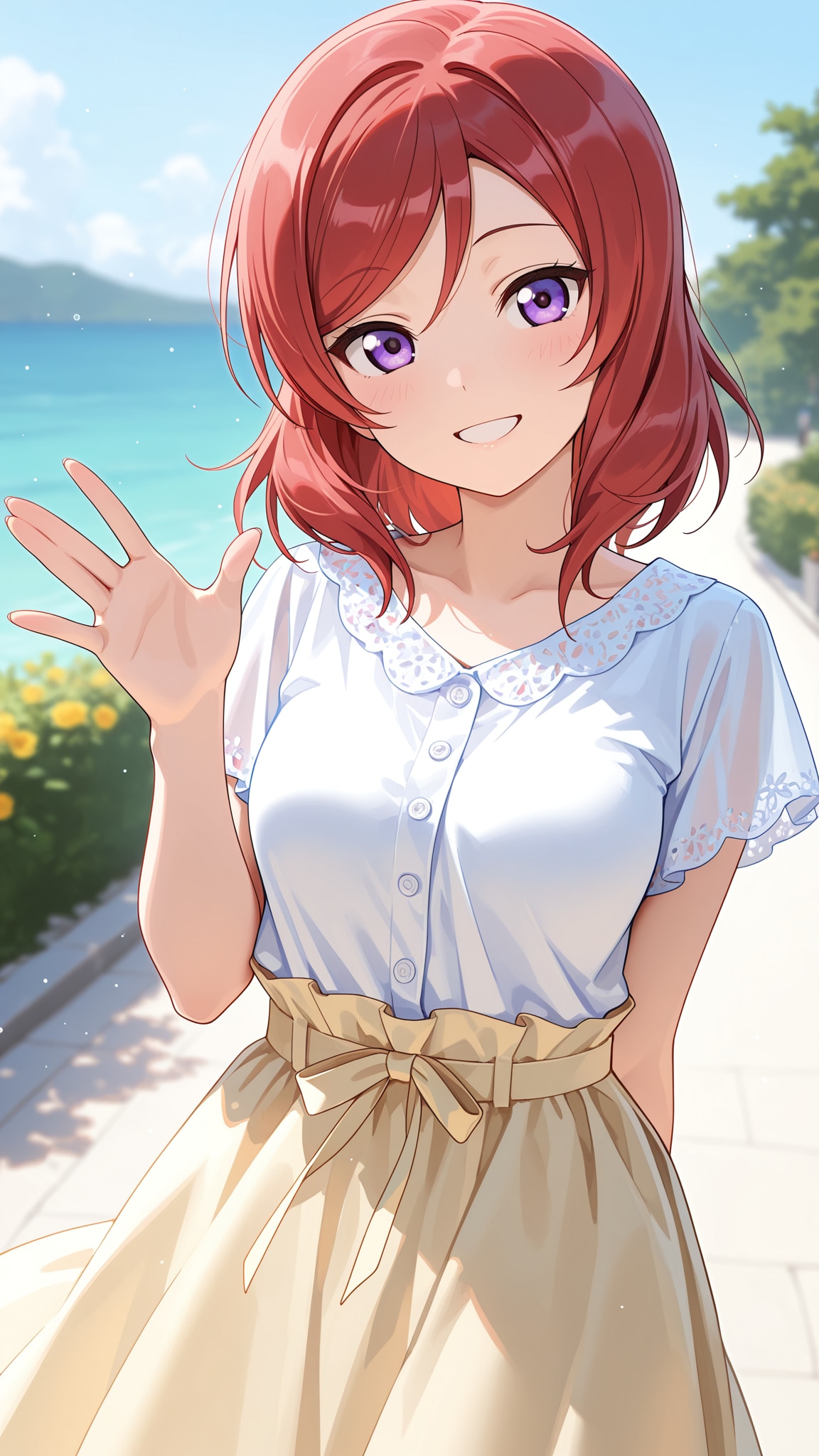 手を振って笑顔