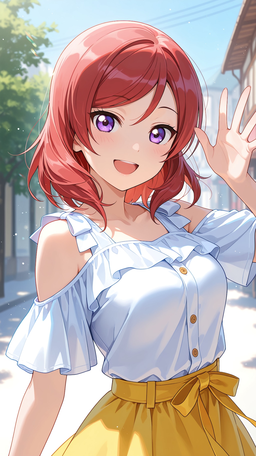 手を振って笑顔