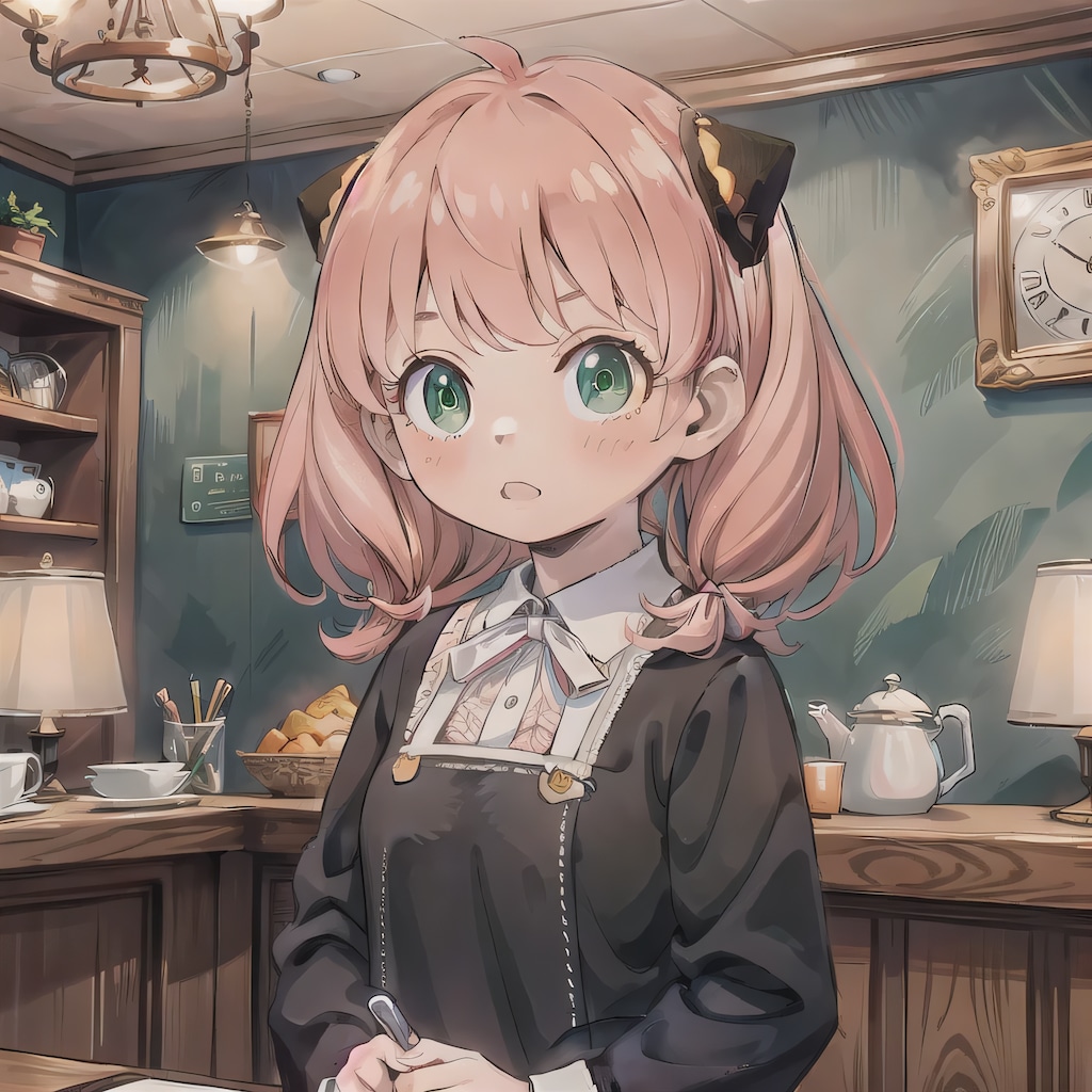 ピンク髪ボブでカフェの少女