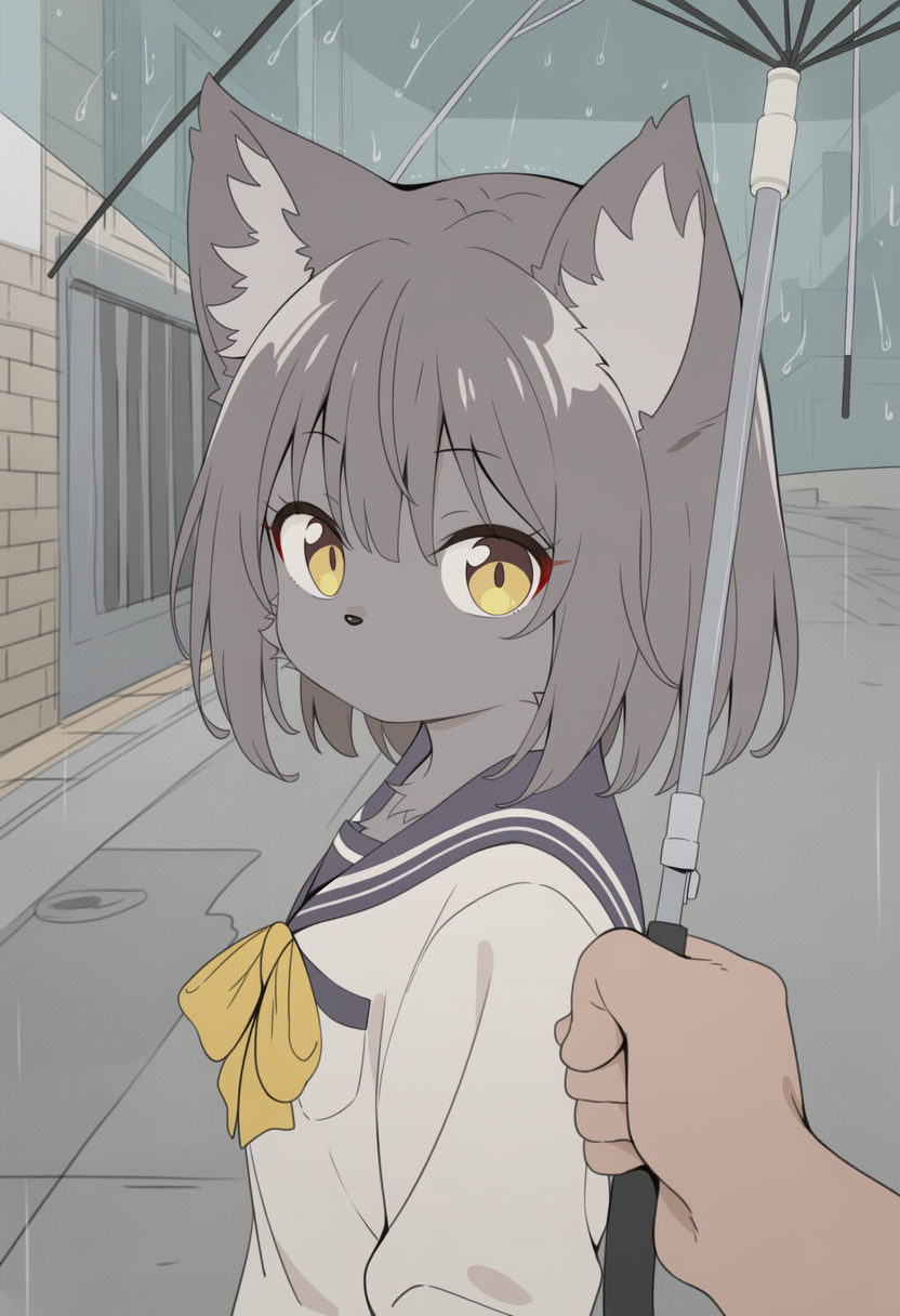 ケモいあの子が傘を忘れたようなので一緒に帰るか誘ってみたらついてきてくれた 相合傘ができて浮かれてたら歩いてる間中ずっとこっち見てるんだけど… 相合傘中にそんなに見ないでくれ…惚れてまうやろ～！ | の人気AIイラスト・グラビア